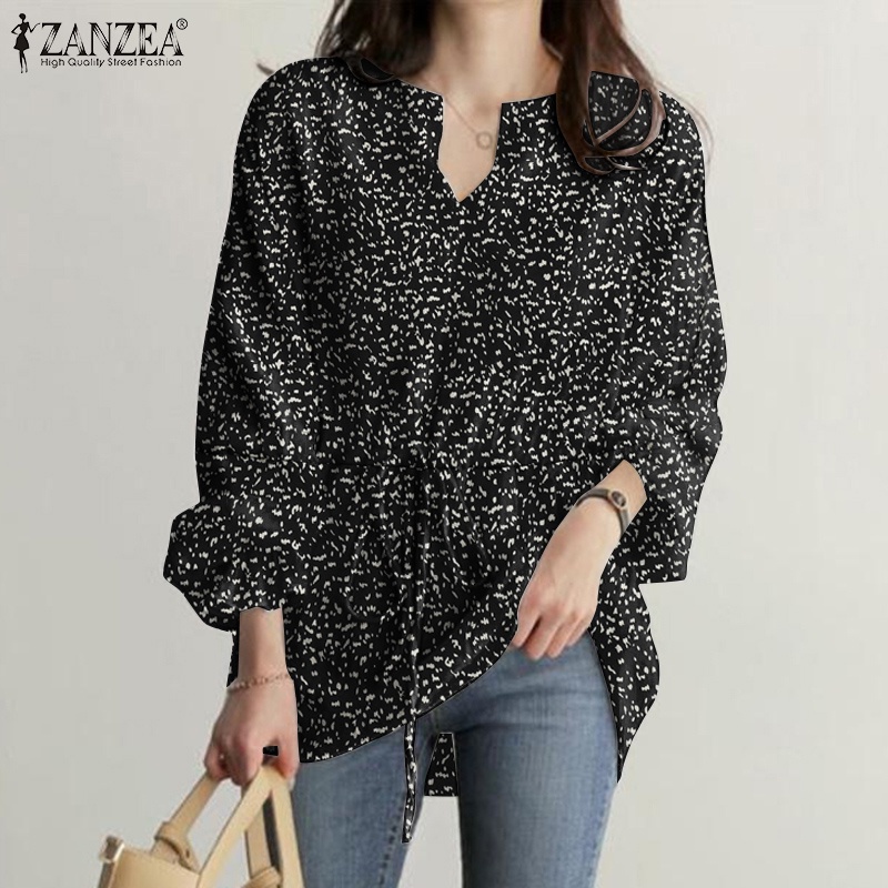 ZANZEA Fashion Women Shirt V Neck Drawstring Waist Printed Full Sleeve Casual Loose Blouse