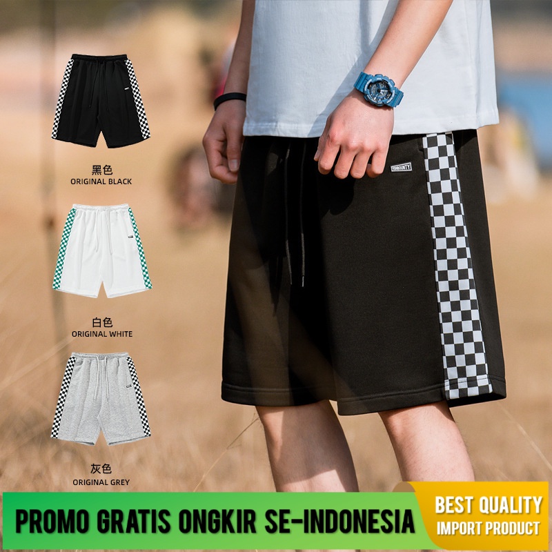 Celana Hanlu Pria Papan Catur Kotak-kotak Jahitan Kelima      Fashion  Olahraga   Pendek Pria Kasual