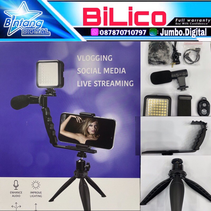 Vlogging Kit Lengkap Microphone LED Tripod Bracket Holder smartphone - Paket Vlogging Smartphone