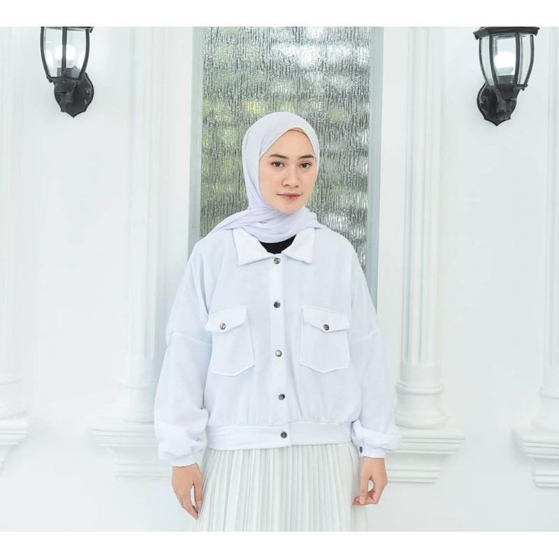 OLIN BUTTON  POCKET / LONG SLEEVE JAKET Kancing FLEECE ONLY-Putih