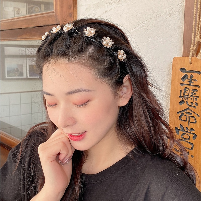 Korean Pearl Headband Bangs Hairstyle Multi-layer Hollow Woven Headband with Tooth Design Alligator Clip Retro Hairband Face Washing Headdress