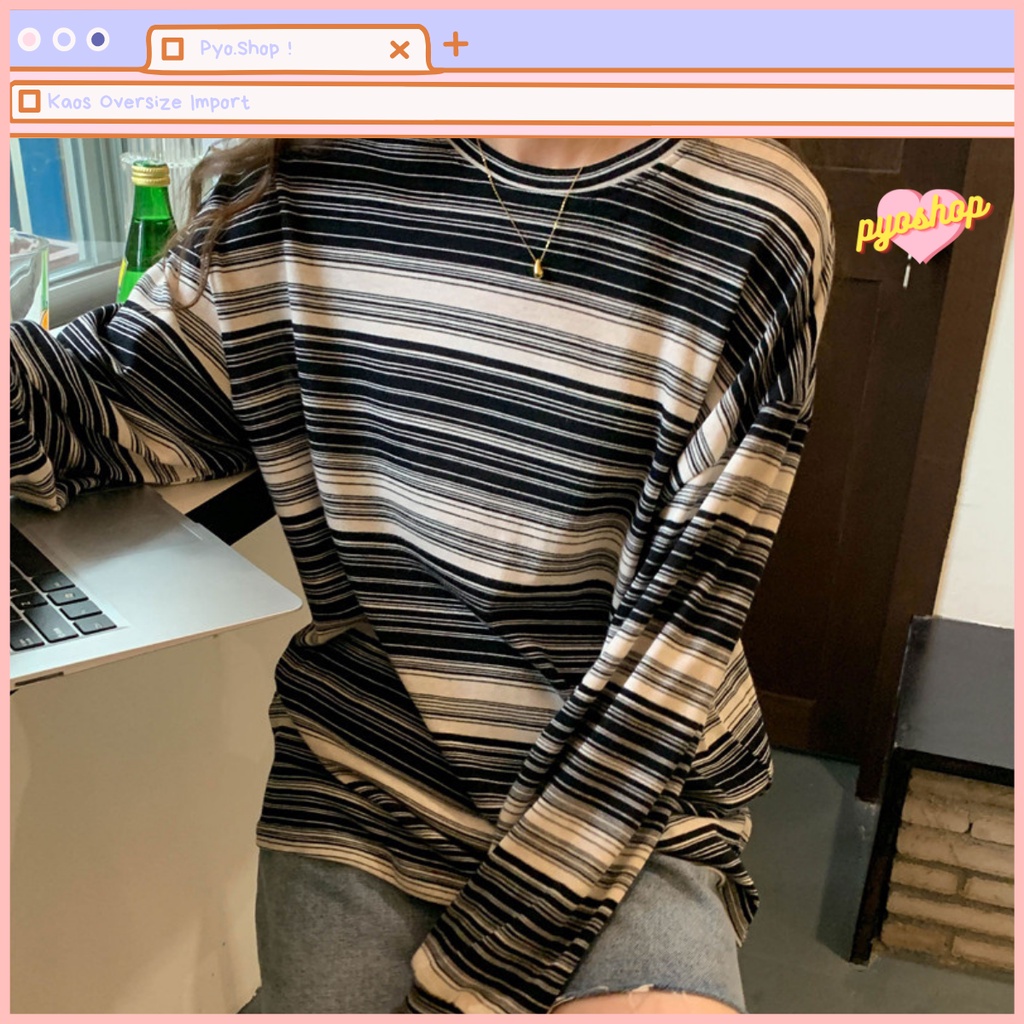 Oversize Tee Tshirt Kaos Import Longgar Motif GARIS LENGAN PANJANG