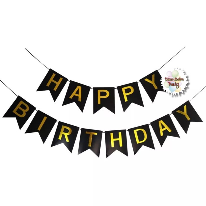 Banner Happy Birthday / Bunting Flag Ulang Tahun Hitam Tulisan Gold