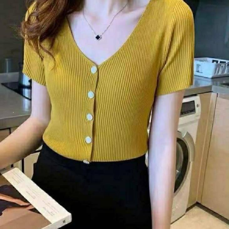 SALEE.. baju rajut v neck cewek lengan pendek Naomi