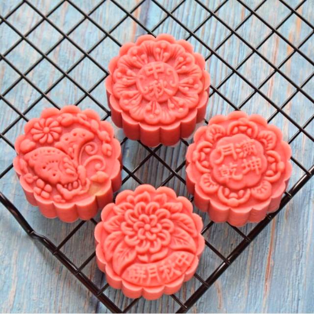 (4pc) cetakan kue bulan 2020 (125gr) mooncake press mold PREMIUM - FLOWER RED