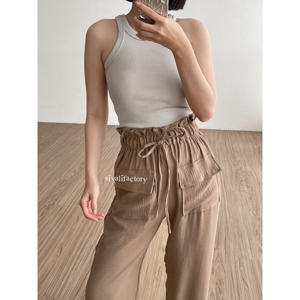 SIVALI Hanna Pants - Celana Kulot Highwaist Crinkle Double Pocket - Celana Wanita - Cullote Pants