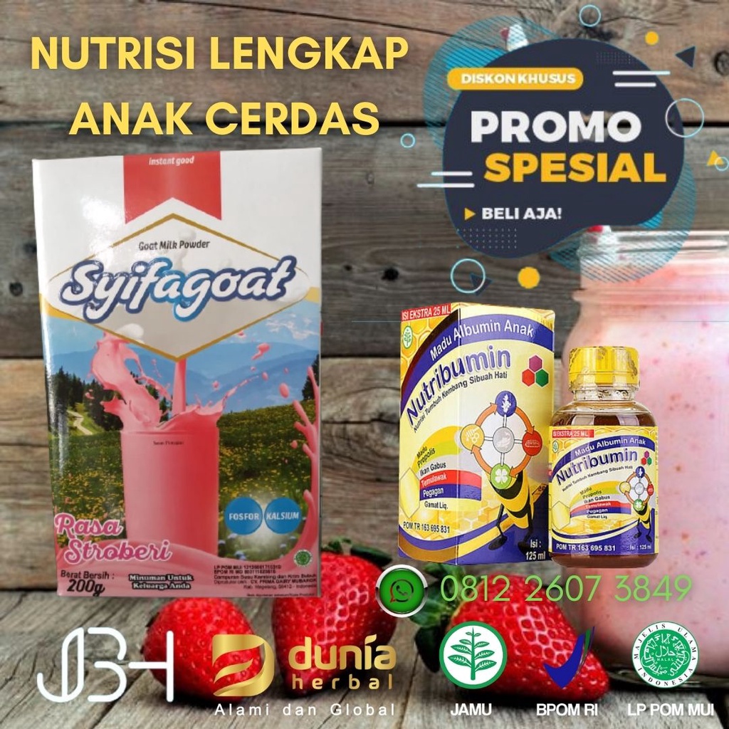 

Susu Kambing Etawa Syifagoat Stroberi Plus Nutribumin Nutrisi Lengkap Untuk Kecerdasan Anak