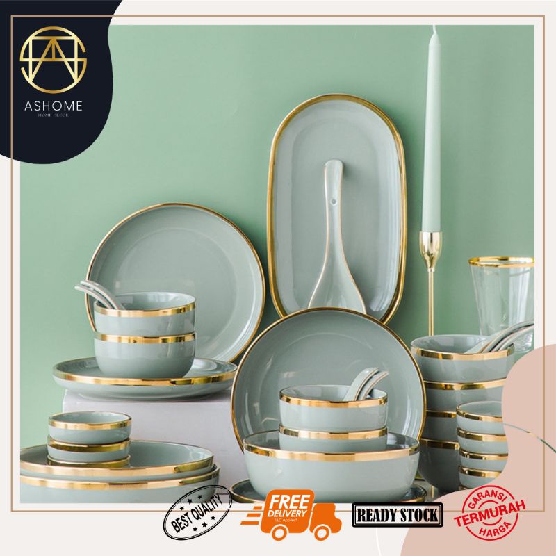 ASHOME Piring Keramik Set Light Green Sesuai Foto / Piring Set Keramik List Emas / Piring Set Mewah 