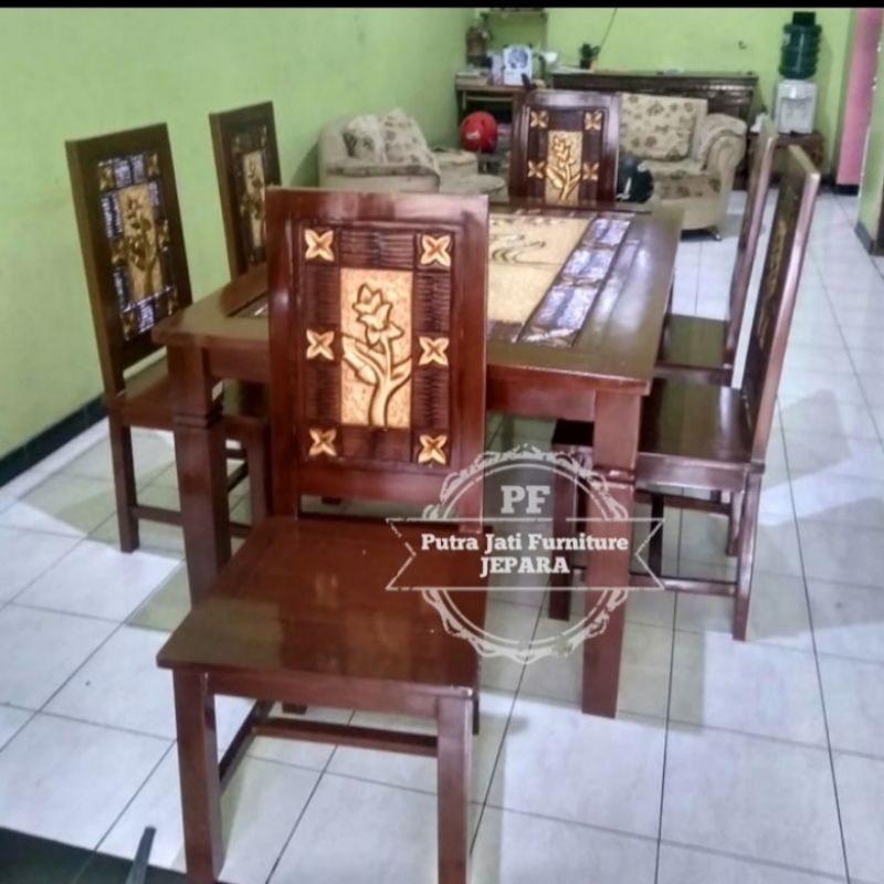 Set meja kursi makan ukir Jepara warna kombinasi emas - Kursi 6 bahan kayu jati