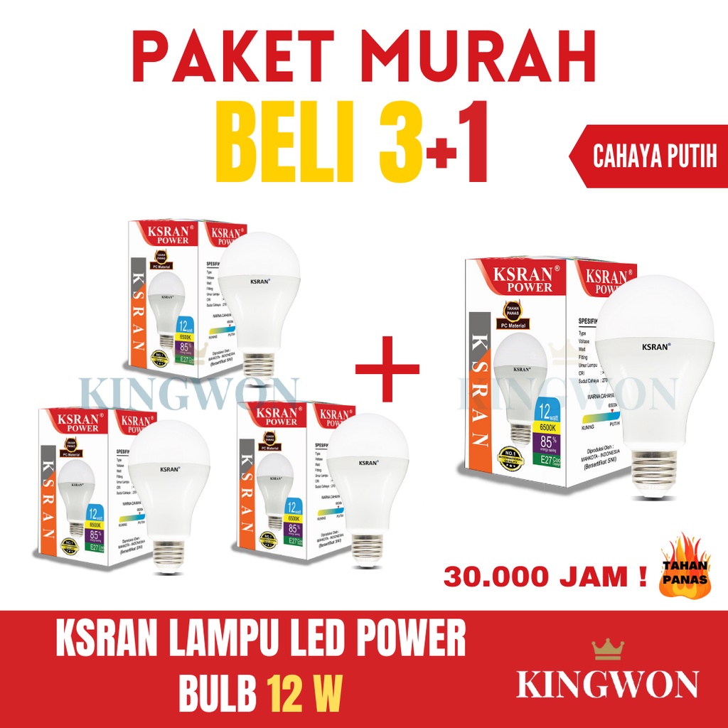 KSRAN Lampu LED 12 watt POWER - BULB (PAKET BELI 3 GRATIS 1) BUNDLE