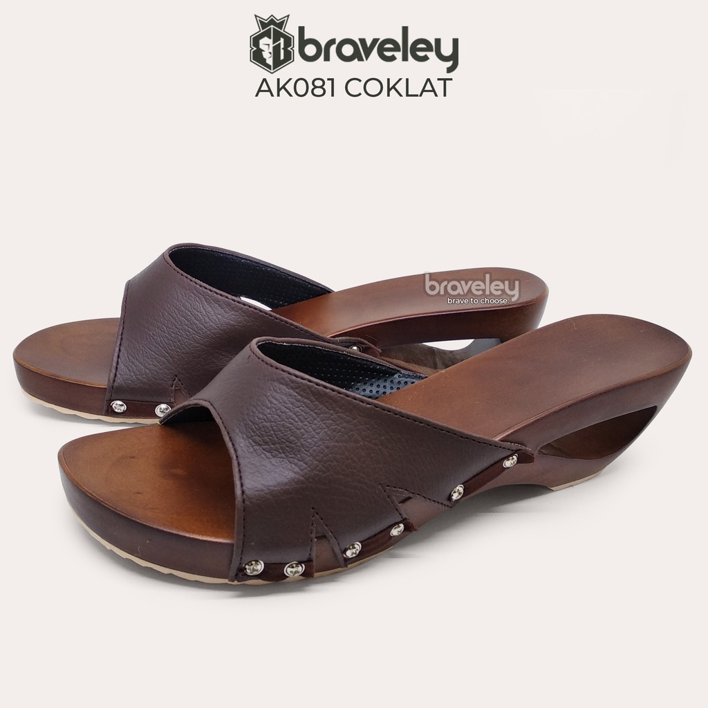 SENDAL KAYU KELOM GEULIS SELOP WEDGES SANDAL MULES WANITA BRAVELEY AK081