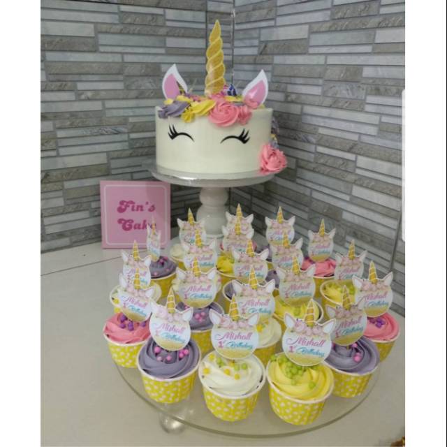 Topper Cupcake Unicorn Bulat Tanduk Custom Tulisan