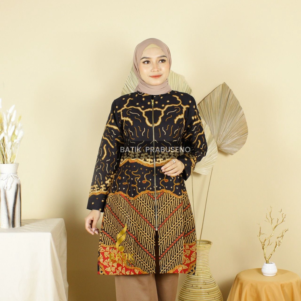 Batik Wanita Prabuseno  LANJAR Tunik Batik Wanita Lengan Panjang Katun Premium Lapis Trikot Tunik Ca
