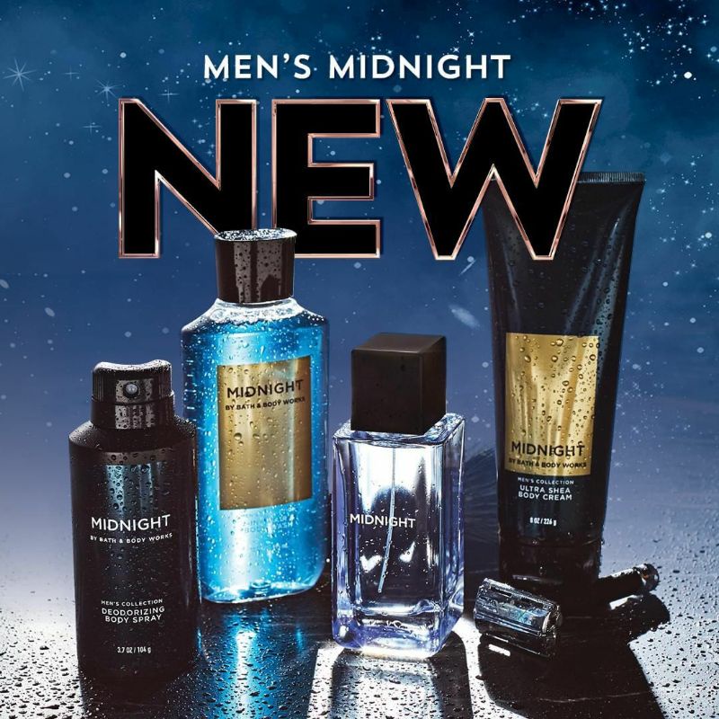 BATH &amp; BODY WORKS BBW MEN'S COLLECTION MIDNIGHT SERIES BODY CREAM 226 G &amp; 70 G 2IN1 &amp; 3IN1 HAIR , FACE &amp; BODY WASH 295 ML &amp; 88 ML DEODORIZING BODY SPRAY 104 G MINI COLOGNE 100 G &amp; 15 ML SHAVE GEL 191 G ROOMSPRAY 42,5 G POCKETBAC HANDCREAM 29 ML