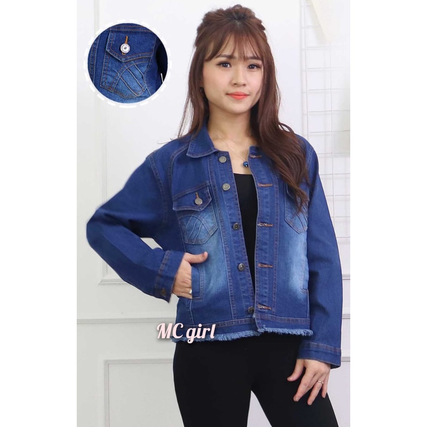 MC girl - Jaket Jeans Rawis Gambar Sepatu Belakang 3D Wanita / Jaket Denim Gambar Lepis Rumbai Gambar Sepatu Sequin Cewek / Jacket Lepis Warna Biru Tua Size XXL Cewek