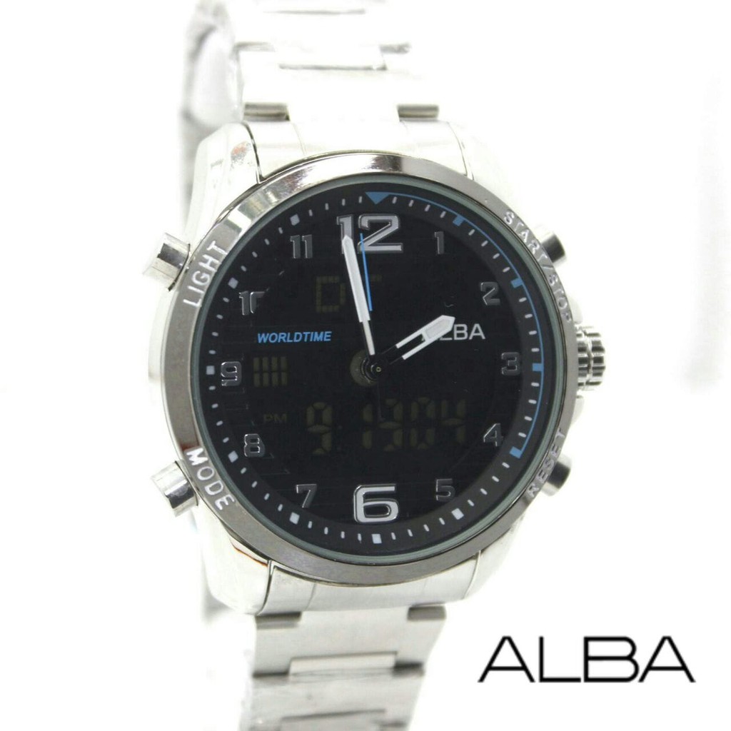 Jam Tangan Pria / Cowok Alba Dual Time SK801 Rantai Silver Black Blue