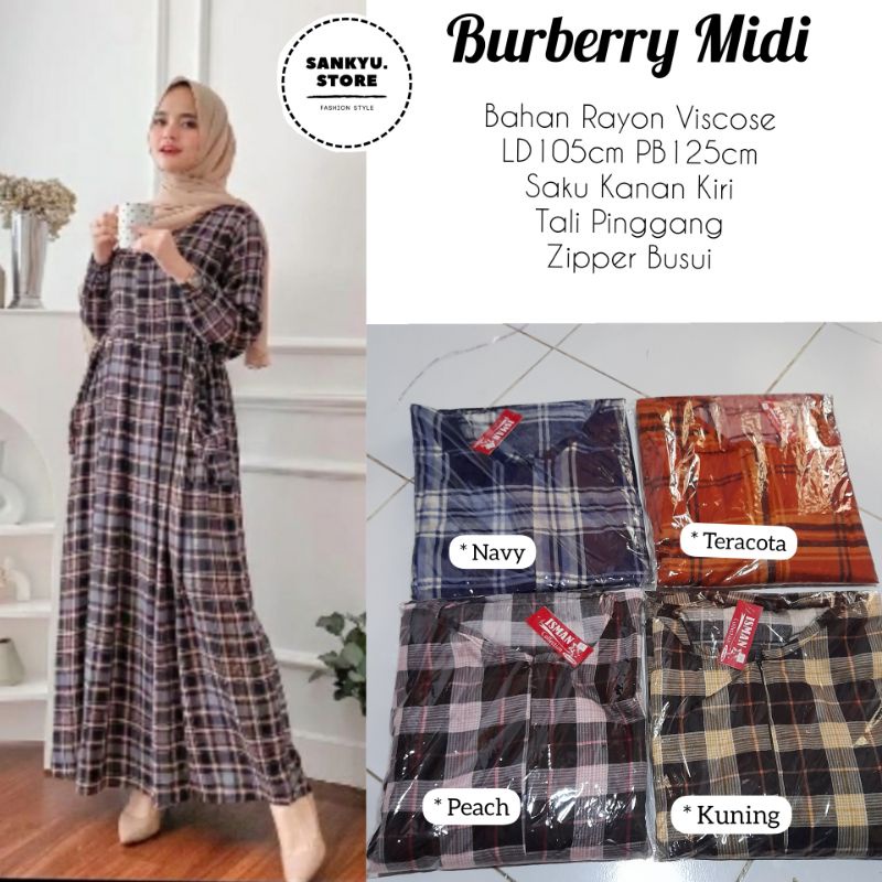 Gamis Rayon Viscose Motif Kotak Burberry Midi Dress Baju Muslim Wanita Busui Homedress Premium