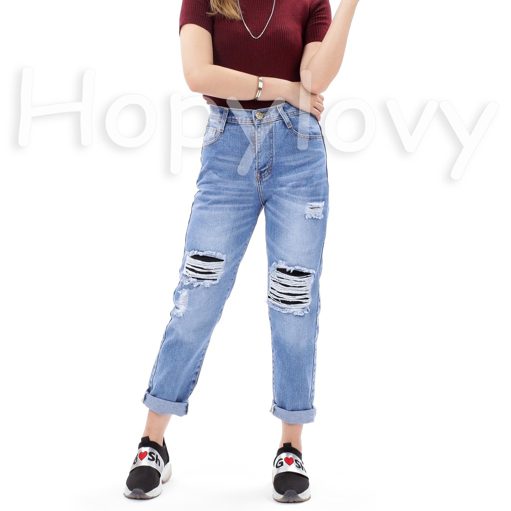 HOPYLOVY - Celana Boyfriend Jeans Sobek Lapis Furing BF Faranisa