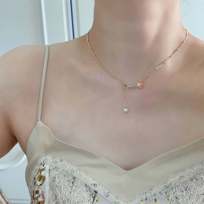 Kalung Rantai Dengan Liontin Bunga Tulip + Mutiara Elegan Ala Korea / Jepang Untuk Wanita