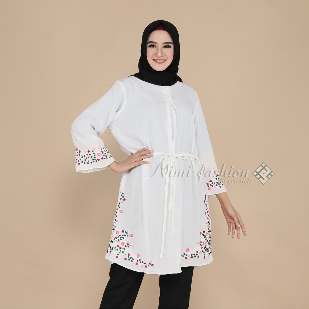 Baju Atasan Tunik Putih  Bordir Premium / Tunik Putih Panjang Big Size Nimi Fashion