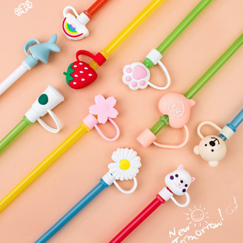 Tutup Sedotan Universal Anti Debu Reusable Bentuk Bunga Daisy/Strawberry/Telapak Hewan Bahan Silikon