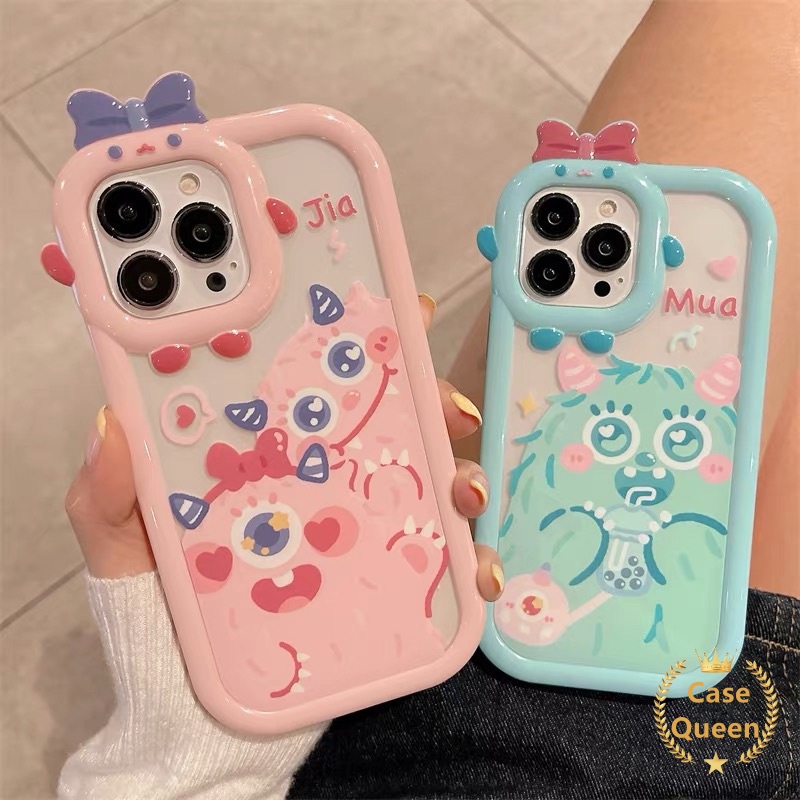 Case OPPO A7 A17 A17 A5S A12 A16 A57 A55 A9 A15s A54 A15 A5 A16s A3S A12E A53 A74 A17K A95 A16K A16E A52 A92 A96 A76 Reno 5F 4F A31 Kartun Monster Bow-knot Monster Kecil Tutup Lensa