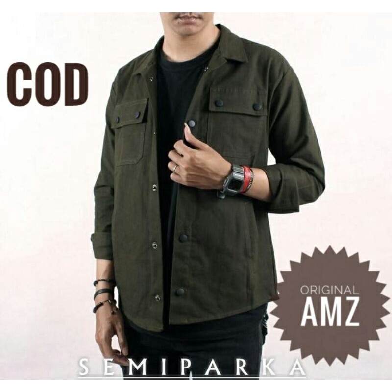 Trucker Jacket Semi Parka Pria Tangan Panjang Bahan Canvas Original AMZ