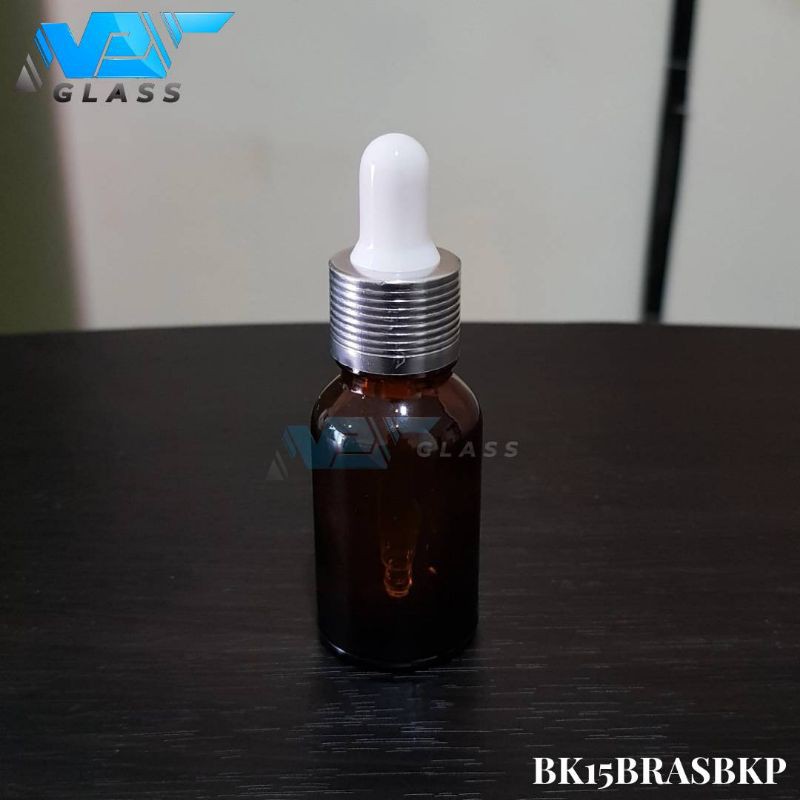 botol kaca pipet 15ml coklat / amber - ring silver bergaris