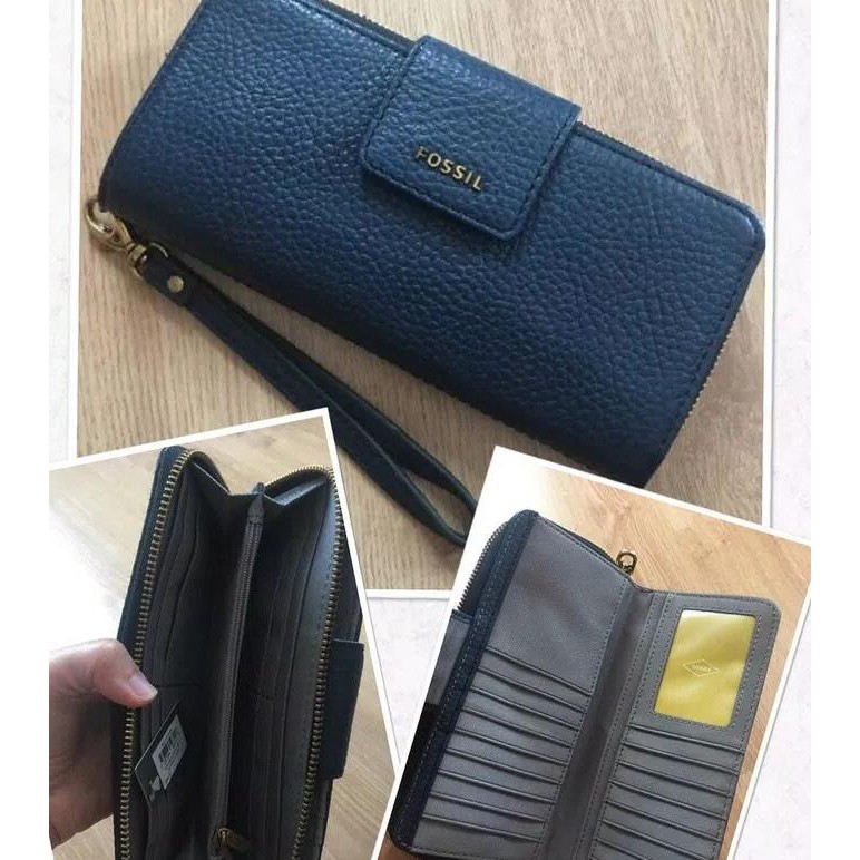 Dompet Wanita Fossil Madison Long Zipper Clutch Navy Marine NWT ORI