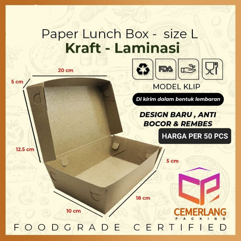 Paper Lunch Box Kraft Coklat L Kotak Makan Kertas Large Besar Laminasi Nasi Mie Goreng Ayam Geprek