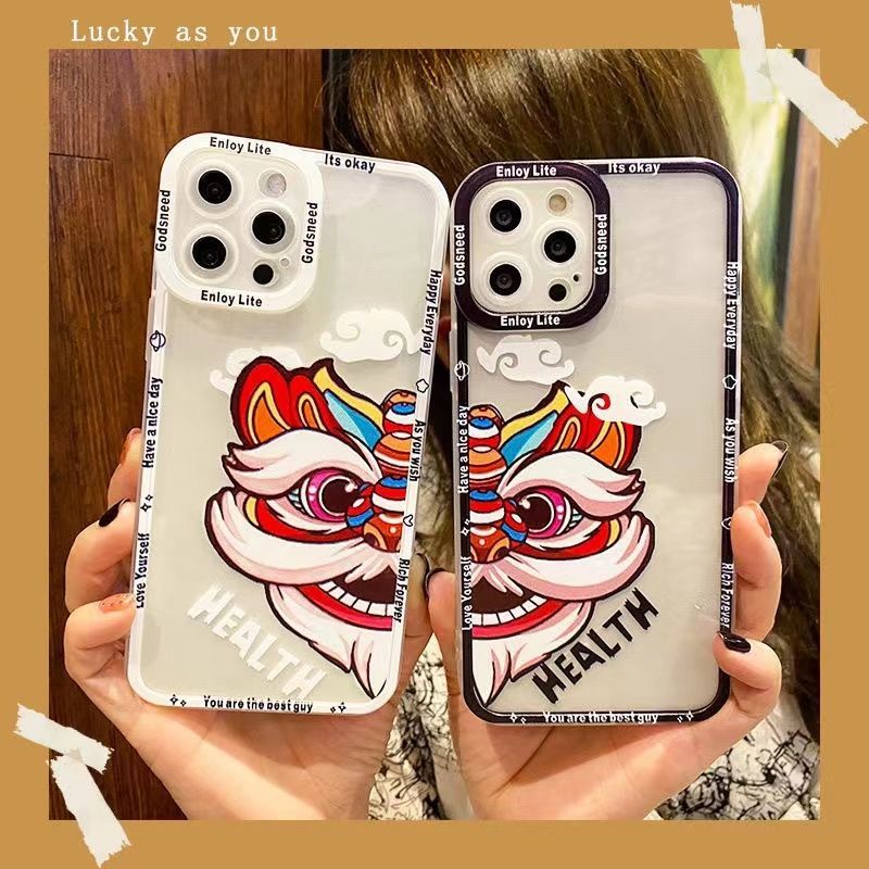 Soft Case TPU Transparan Motif Lion Dance Untuk Iphone 13 Pro Max / 12 / 11 / XS / XR / X / 8 / 7 / 6 Plus Mini SE 2020