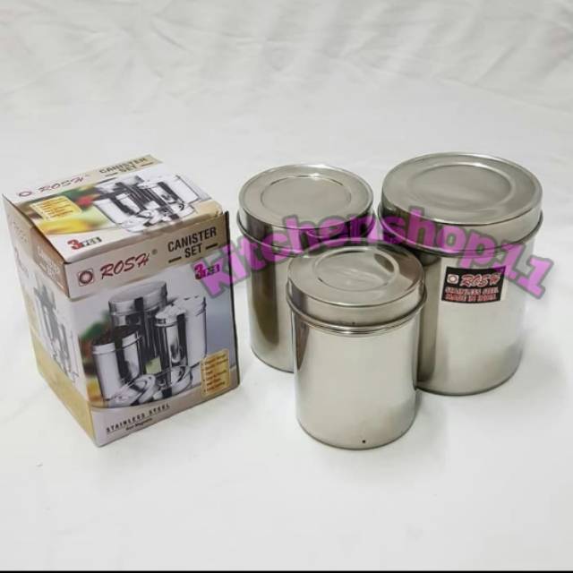 Canister set rosh stainless 3pcs / tempat wadah gula kopi teh garam stainless isi 3pcs / tempat bumbu dapur / tempat penyimpanan kopi