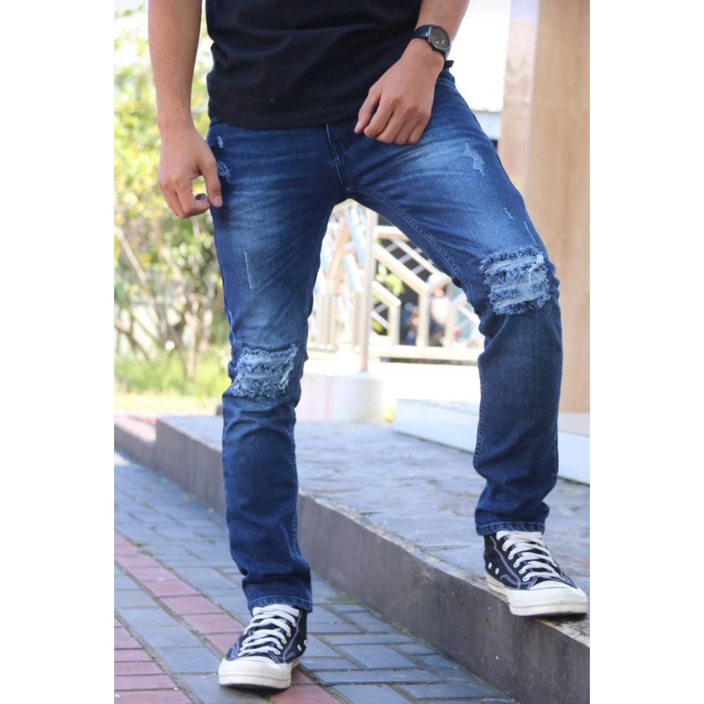 Celana Jeans Panjang Pria Sobek Ripped Fashion Distro Celana Panjang Jeans Pria Model Fashion Korea Jeans panjang Pria Sobek Lutut