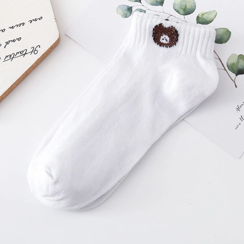 kaos kaki pendek matakaki motif beruang kaos kaki wanita dewasa motif brown/panda bahan lembut termurah-Putih