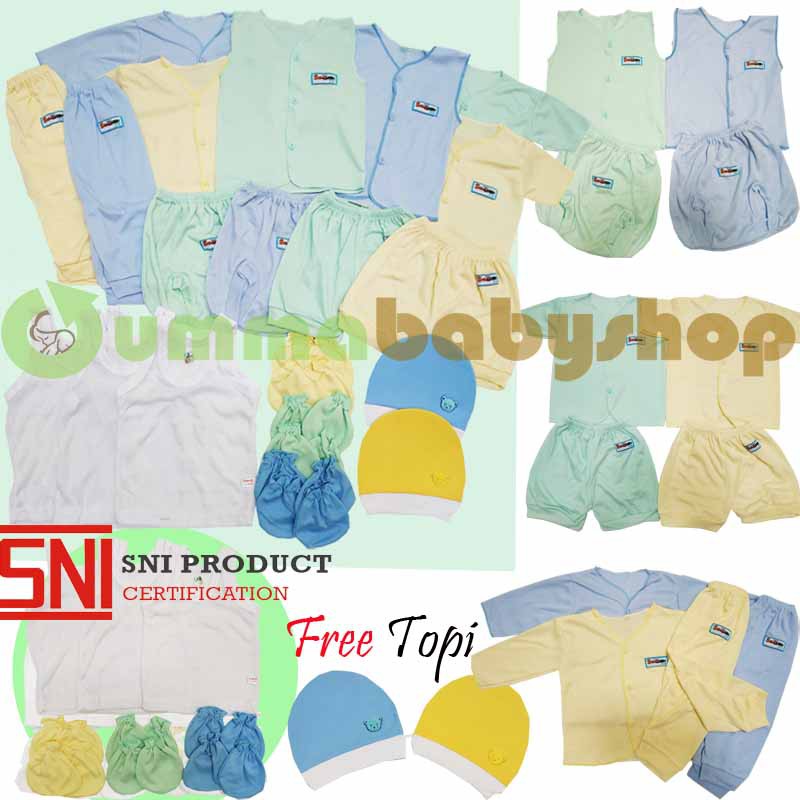Perlengkapan Bayi Baru Lahir SQ Warna SNI Setelan Bayi Baju Celana Pop Singlet Sarung Tangan Topi