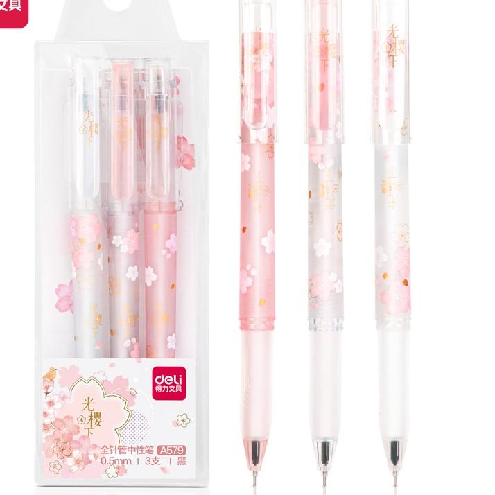 

ム Deli Gel Pen / Pulpen Gel 0.5mm Tinta Hitam Isi 3pcs/pack Anti Macet Desain Sakura A579 A580 ㊗
