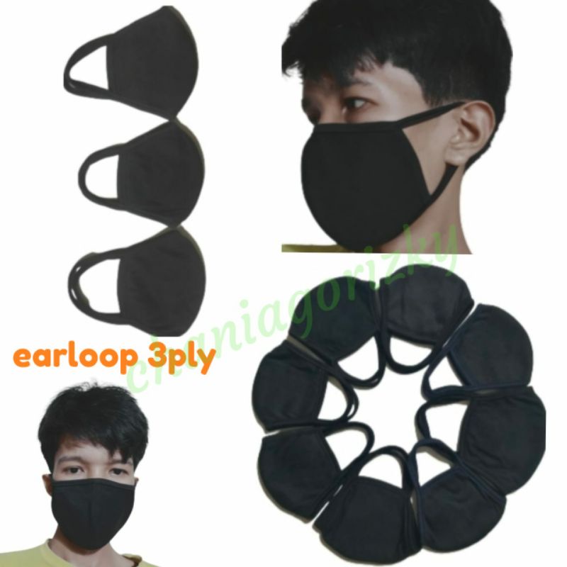 MASKER KAIN TALI KUPING EARLOOP PRIA/WANITA WARNA HITAM MODEL TERBARU