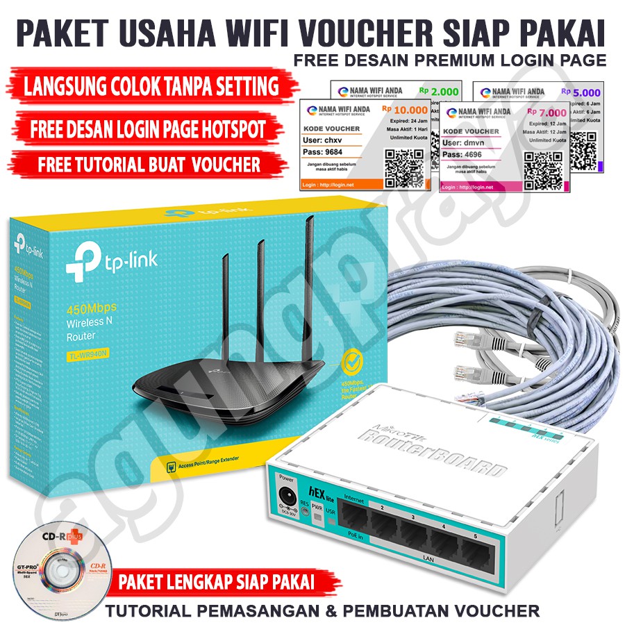 Alat Usaha Wifi Sistem Billing Voucher Full Setting Langsung Pakai Mikrotik Rb750r2 Tplink Wr940n Shopee Indonesia