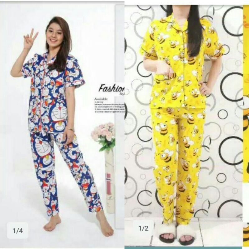 PIYAMA/BAJU TIDUR WANITA DEWASA CP/BEE AND DORAEMON