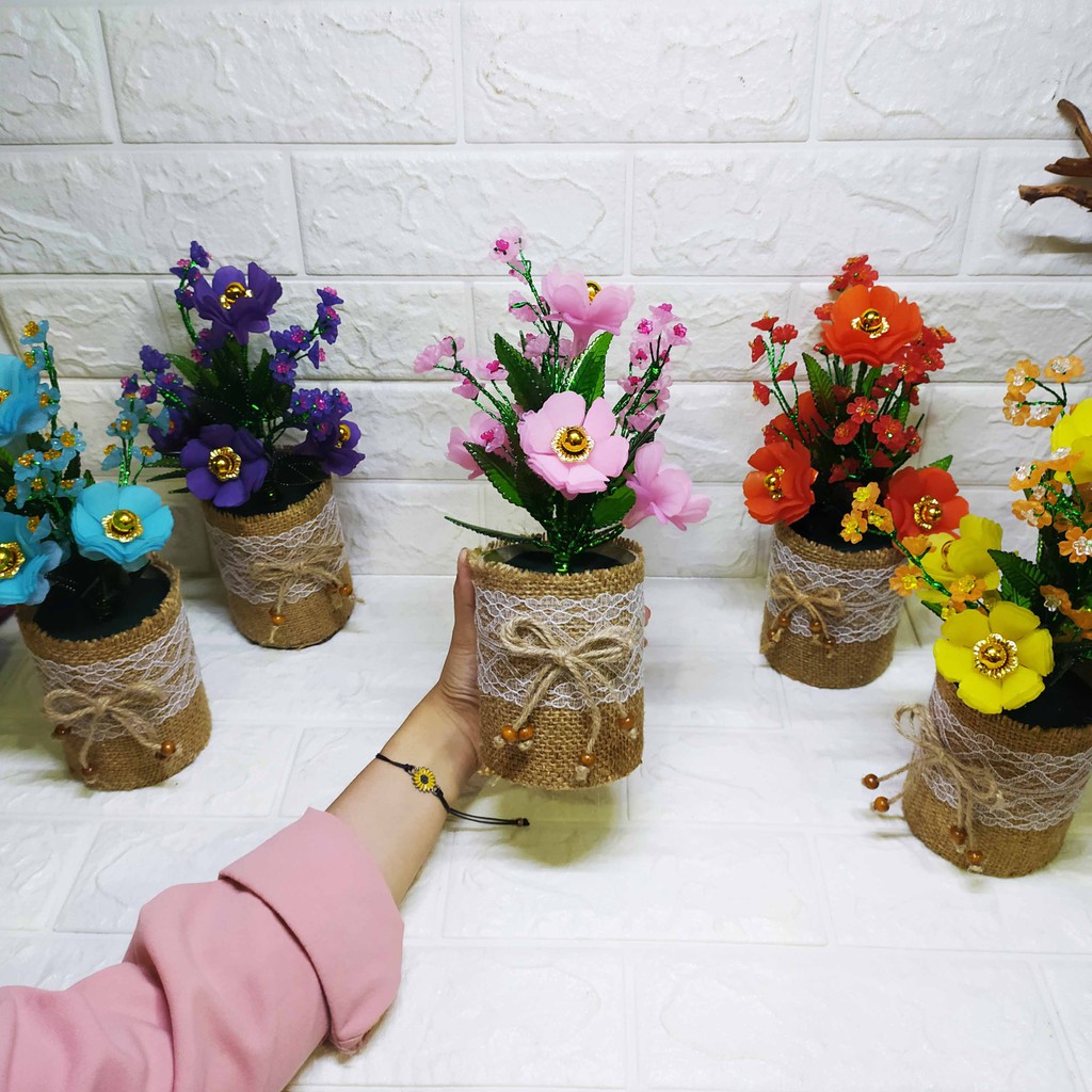 Pajangan Bunga Mawar Dahlia Pot Burlap - Pajangan Imitasi Cantik