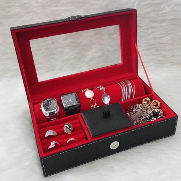 Tempat Aksesoris Gelang Hitam dalam Merah Kulit Sintetis