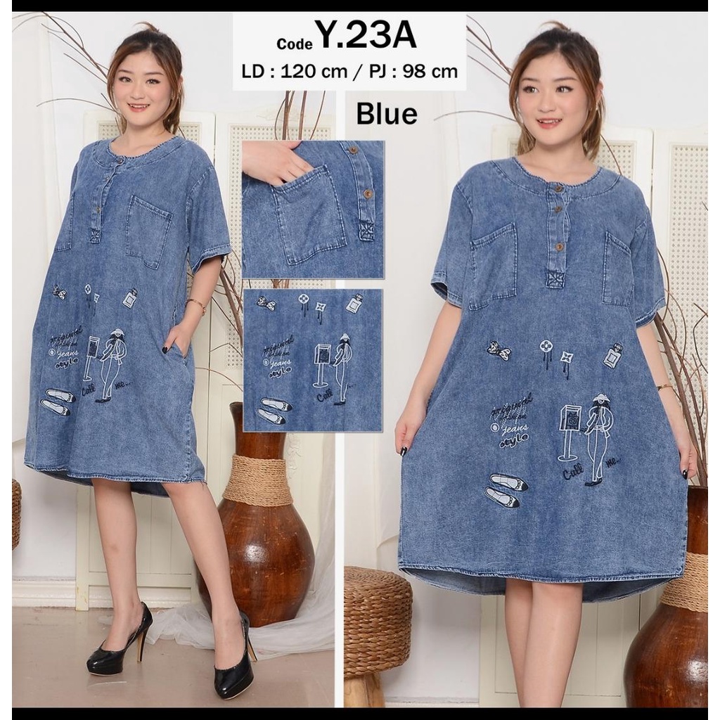 MIDI DRESS JEANS THERE EMBROIDERY JUMBO SIZE 4L LD 120 HIGH QUALITY / DRESS DENIM WANITA BIG SIZE MO