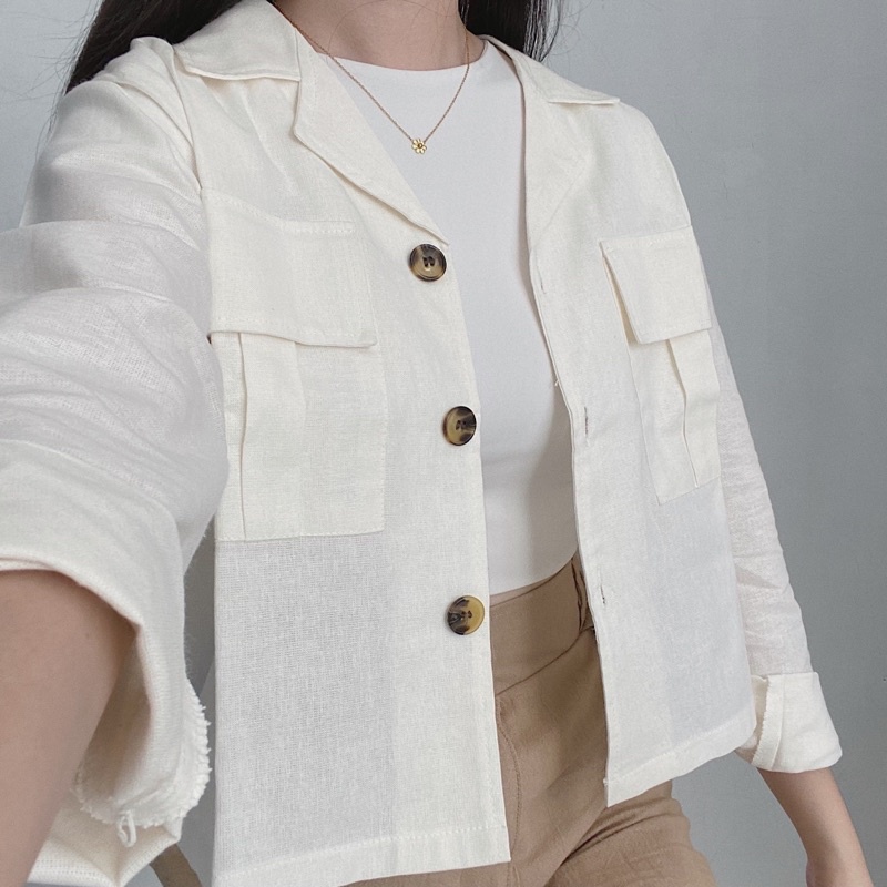 SIVALI Claryn Outer Linen Crop Version - Kemeja Linen - Atasan Wanita | Kardigan Saku 2289