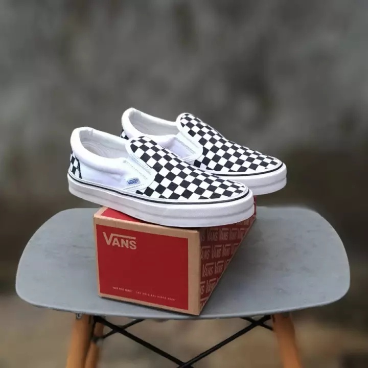 Paket 100% PREMIUM Sepatu Vans Slip On Mono Checkerboard  / Vans Slip-On Checkerboard Black-White OG / Vans Slip On Catur OG