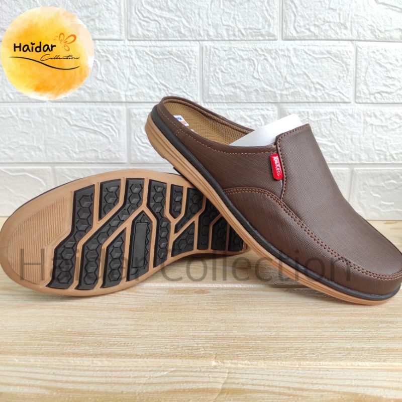 39-44 Selop Bustong Pria Coklat Slip On Import Kasual Sol Karet Lentur Kulit Cowok Slop Kantoran