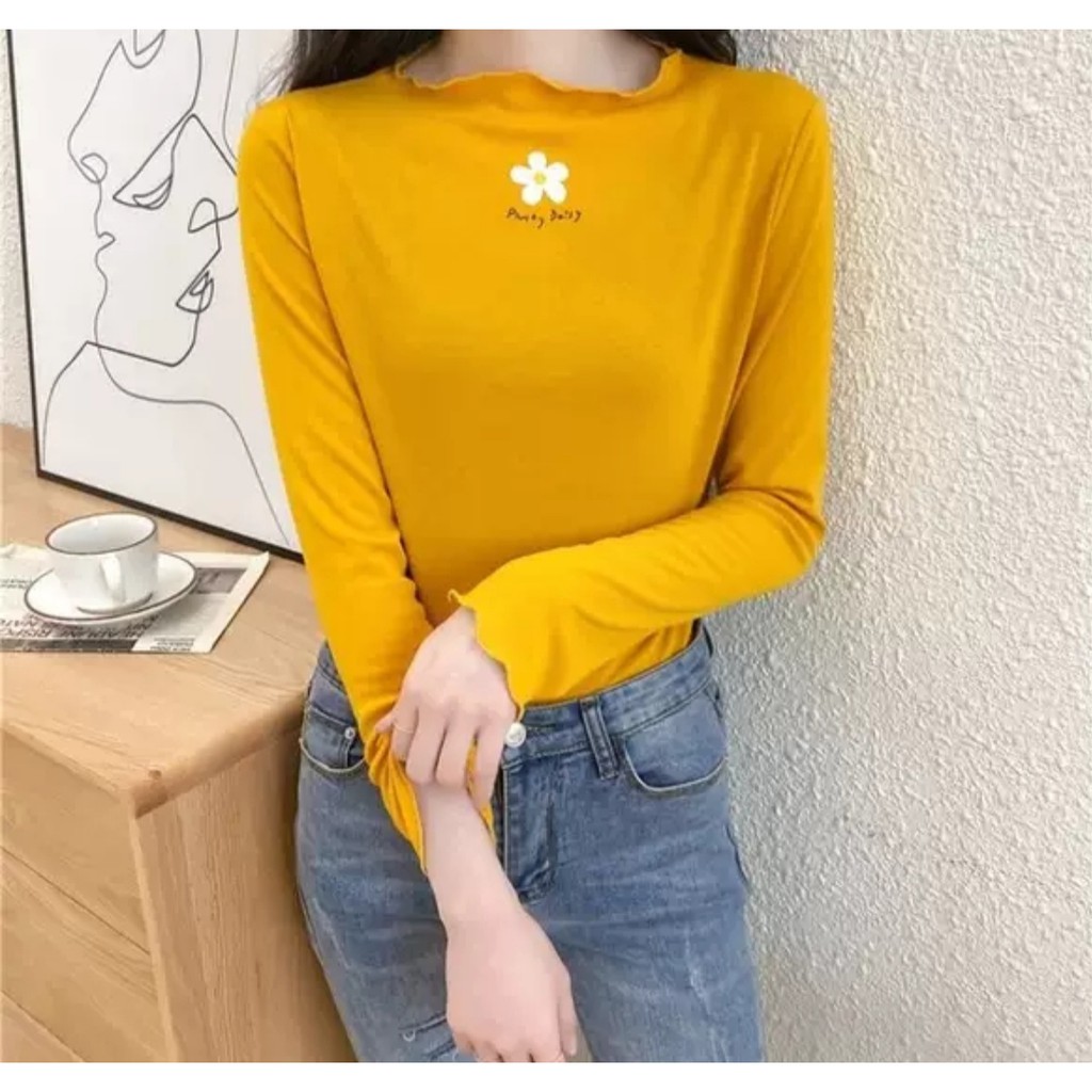 Kaos Import Wanita Atasan Oversize Tee Tshirt Motif Long Daisy Flower Bunga Daisy Lengan Panjang