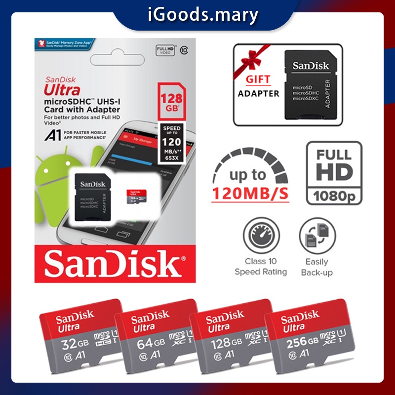 120MB/S Memory Card  with Adapter 32/64/128/256GB CLASS 10 120Mbps MicroSD Kartu Memori Sd Card