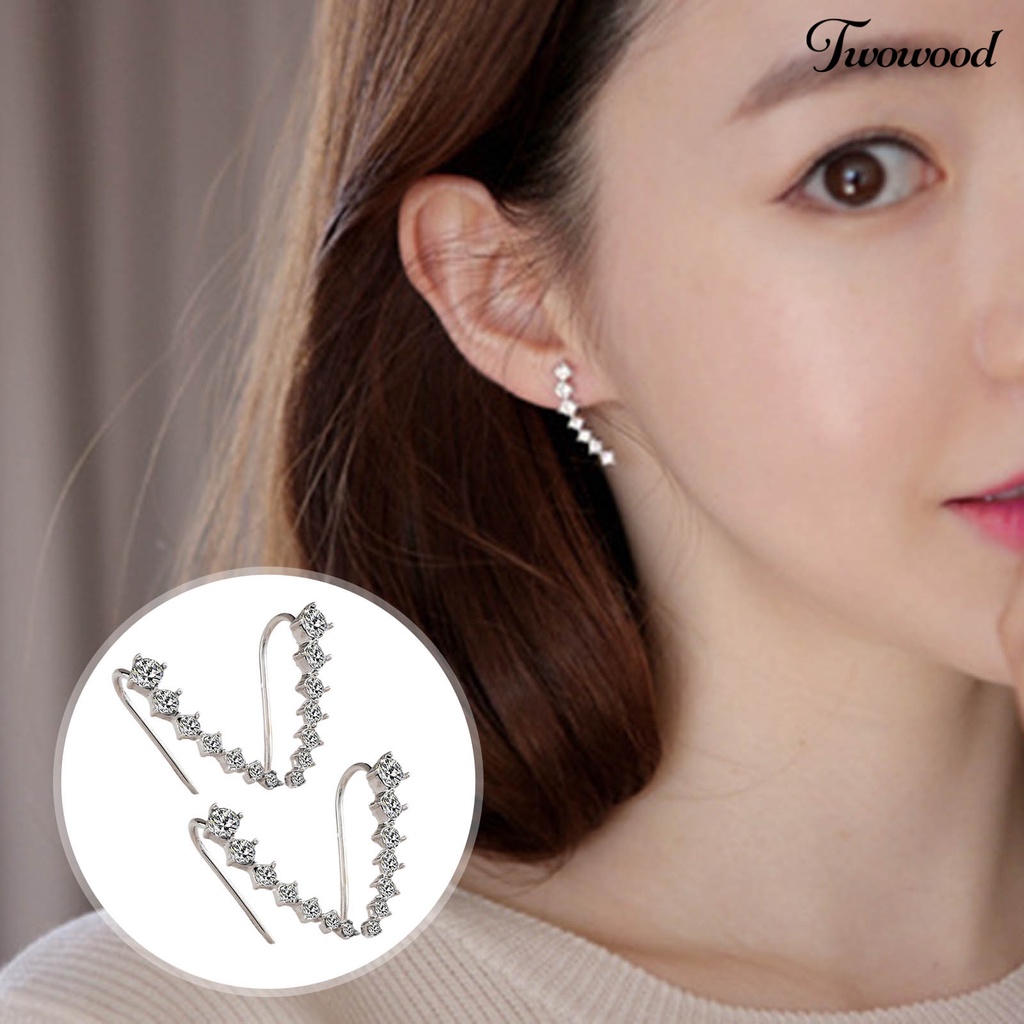 Twowood 1 Pair Women Ear Studs C Shape Rhinestone Jewelry Shiny Korean Style Stud Earrings for Dating