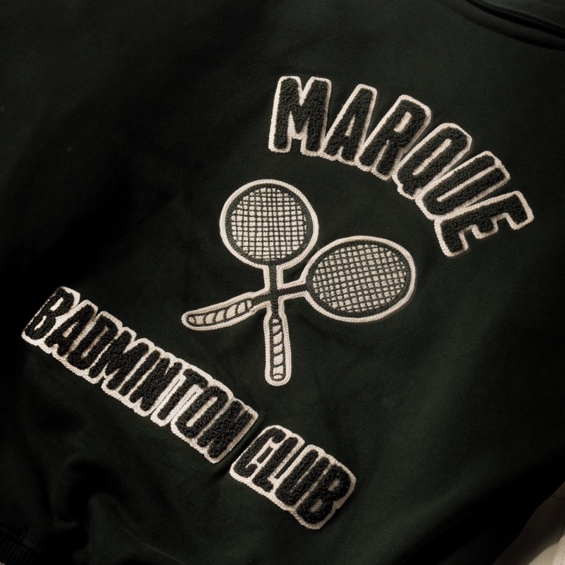 MARQUE.CO ‘BADMINTON CLUB’ VARSITY JACKET - Bordir Handuk, Cotton Fleece &amp; Leather/Kulit, Warna Hijau Tua &amp; Broken White, untuk Unisex