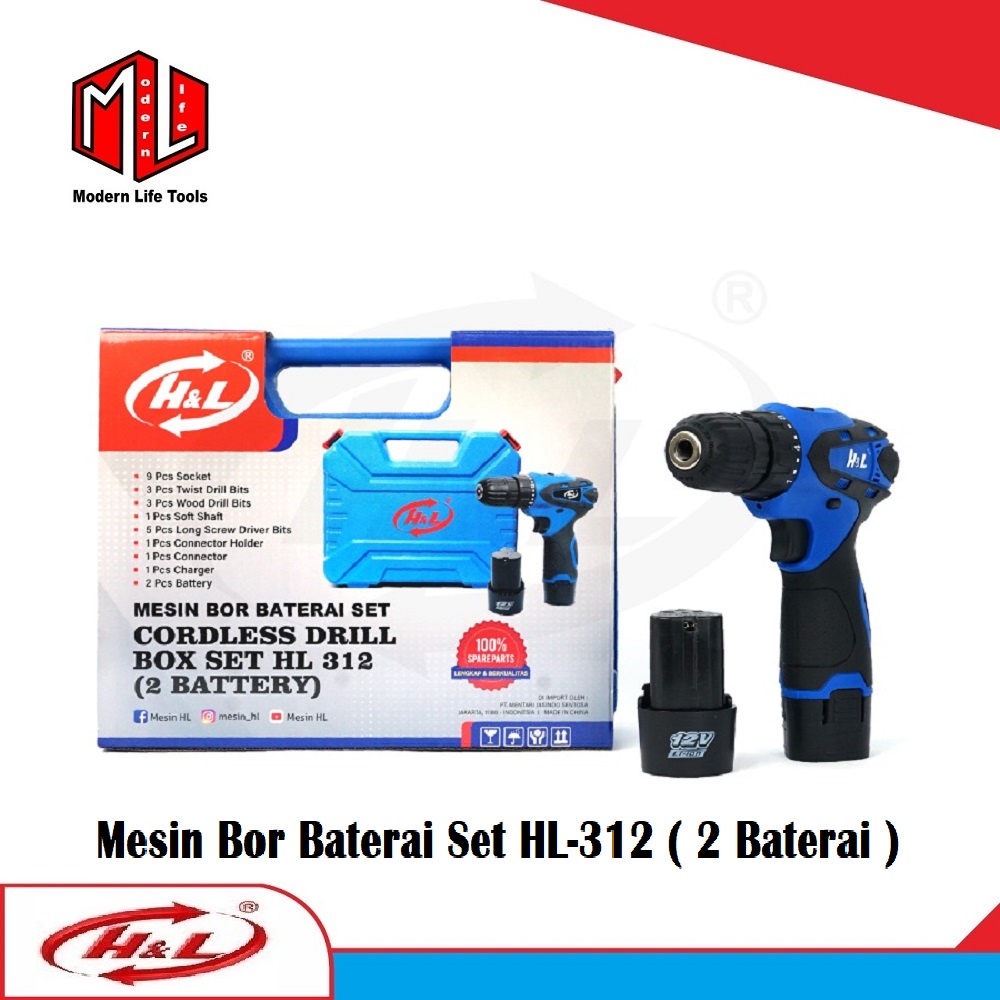 HL 312 Mesin Bor Baterai 10mm Cordless Drill + Mata Bor SET - 2 Batre